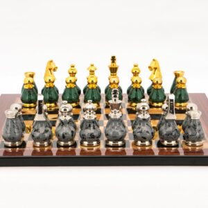 Dal Rossi Italy Chess Set Walnut Finish Flat Board 40cm, With Gray and Green Gold and Silver Metal Tops and Bottoms Chess Pieces 90mm