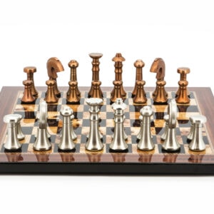 Dal Rossi Italy Chess Set Flat  Walnut Shiny Finish Board 40cm, With Metal Copper and silver Chessmen 80mm