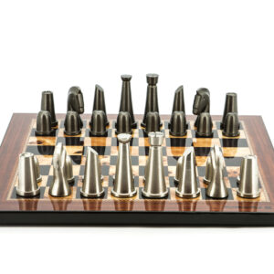 Dal Rossi Italy Chess Set Flat  Walnut Finish Board 40cm, With Metal Dark Titanium and Silver chessmen 85mm