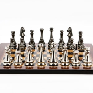 Dal Rossi Italy Chess Set Flat Walnut Finish Board 40cm, With Metal Dark Titanium and Silver chessmen 85mm