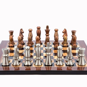 Dal Rossi Italy Chess Set Walnut Finish Flat Board 40cm, With Copper & Silver Weighted Metal Chess Pieces 85mm pieces