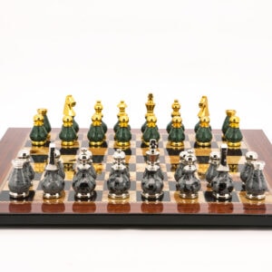 Dal Rossi Italy Chess Set Walnut Finish Flat Board 50cm, With Gray and Green Gold and Silver Metal Tops and Bottoms Chess Pieces 90mm