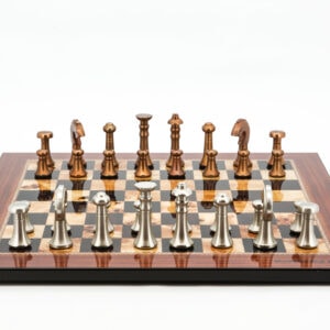 Dal Rossi Italy Chess Set Flat  Walnut Shiny Finish Board 50cm, With Metal Copper and silver Chessmen 80mm