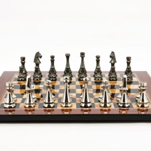 Dal Rossi Italy Chess Set Walnut Finish Flat Board 50cm, With Metal Dark Titanium and Silver chessmen 85mm
