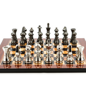 Dal Rossi Italy Chess Set Flat  Walnut Finish Board 50cm, With Metal Dark Titanium and Silver chessmen 115mm