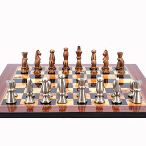 Dal Rossi Italy Chess Set Walnut Finish Flat Board 50cm, With Copper & Silver Weighted Metal Chess Pieces 85mm pieces