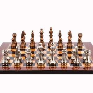 Dal Rossi Italy Chess Set Walnut Finish Flat Board 50cm, With Copper & Silver Weighted Metal Chess Pieces 100mm pieces