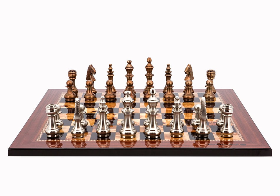 Dal Rossi Italy Chess Set Walnut Finish Flat Board 50cm, With Copper & Silver Weighted Metal Chess Pieces 100mm pieces