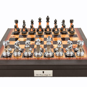 Dal Rossi 16" Chess Set Walnut Finish Chess Set with PU Leather Edge with compartments and Metal / Marble Finish Chess Pieces