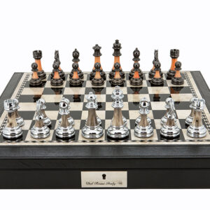Dal Rossi 16" Chess Set Black Finish Chess Set with PU Leather Edge with compartments and Metal / Marble Finish Chess Pieces