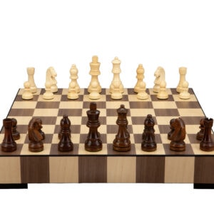 Dal Rossi Chess, Wooden Inlaid box, with drawer and chess pieces, 14"