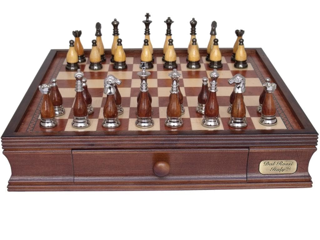 Dal Rossi Italy Staunton Metal/Wood Chess Set with Drawers 16"