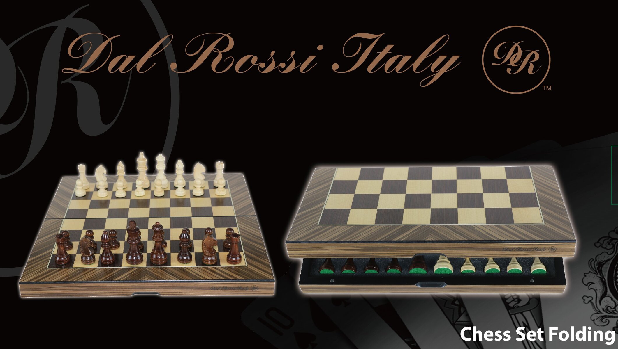 Dal Rossi  Palisander / Boxwood Finish Folding Chess Set, 16" NEW