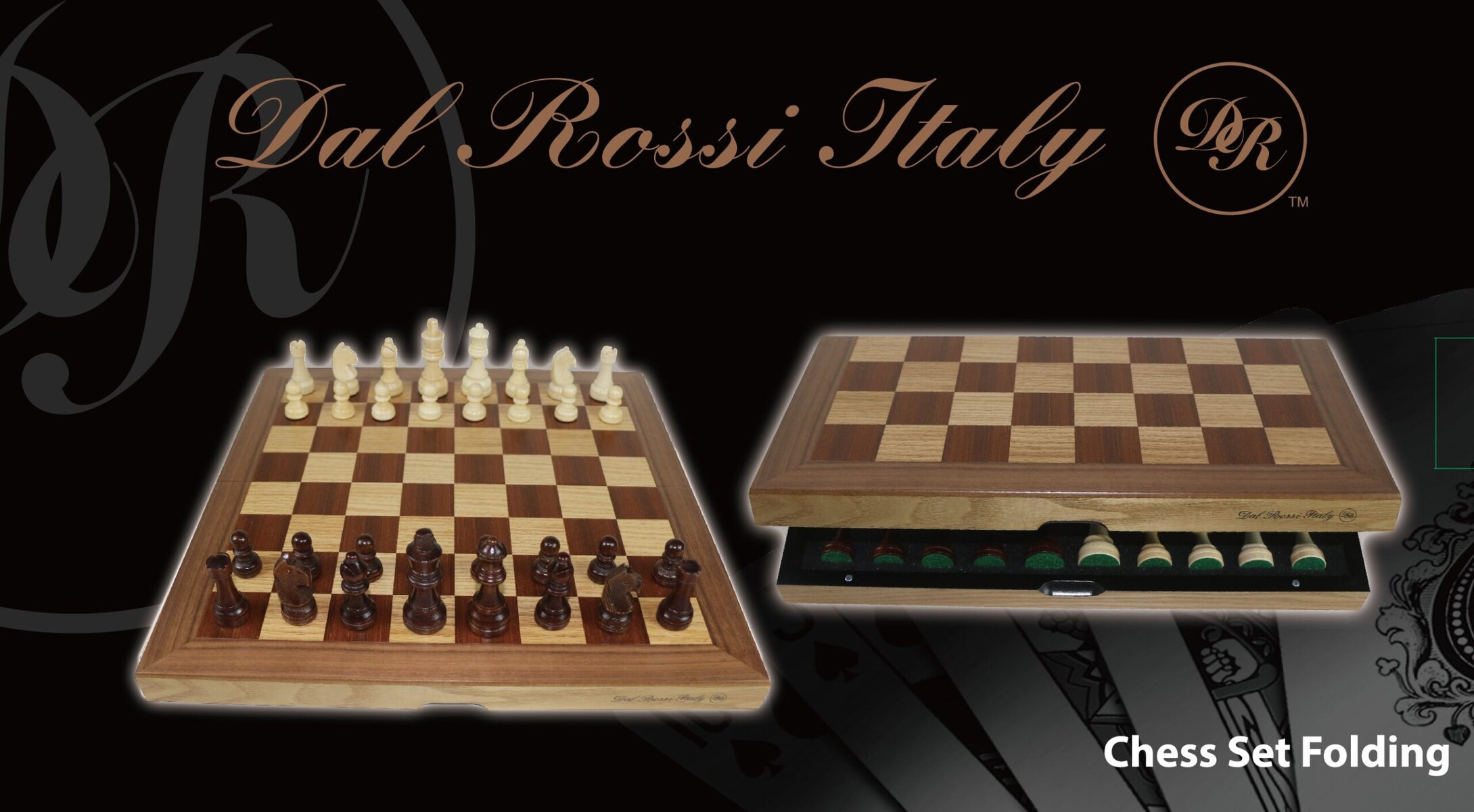 Dal Rossi  Light Walnut / Boxwood Finish Folding Chess Set, 16" NEW