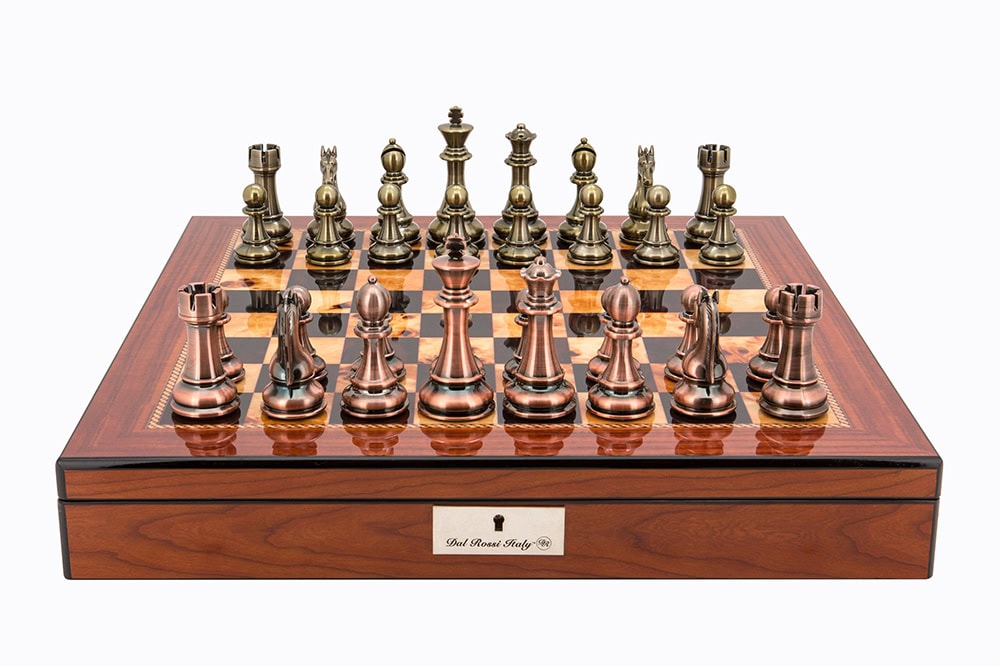 Dal Rossi Italy Copper / Bronze Chess Set on Walnut Shiny Finish Chess Box 20” with compartments
