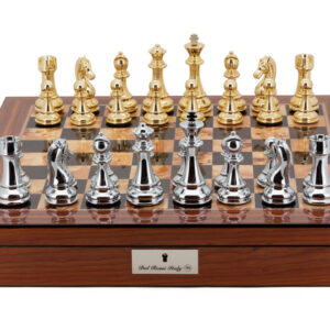 Dal Rossi Italy Gold & Silver Chess Pieces on Walnut Finish Chess Box 20” with compartments