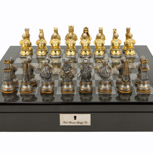 Dal Rossi Italy Medieval Warrior Chess Set on Carbon Fibre Shiny Finish Chess Box 20” with compartments