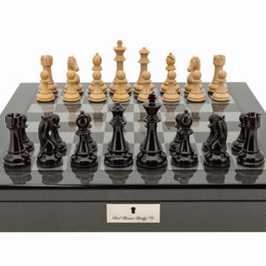 Dal Rossi Italy Dark Black Ebony and Box wood Finish Chess Set on Carbon Fibre Shiny Finish Chess Box 20” with compartments