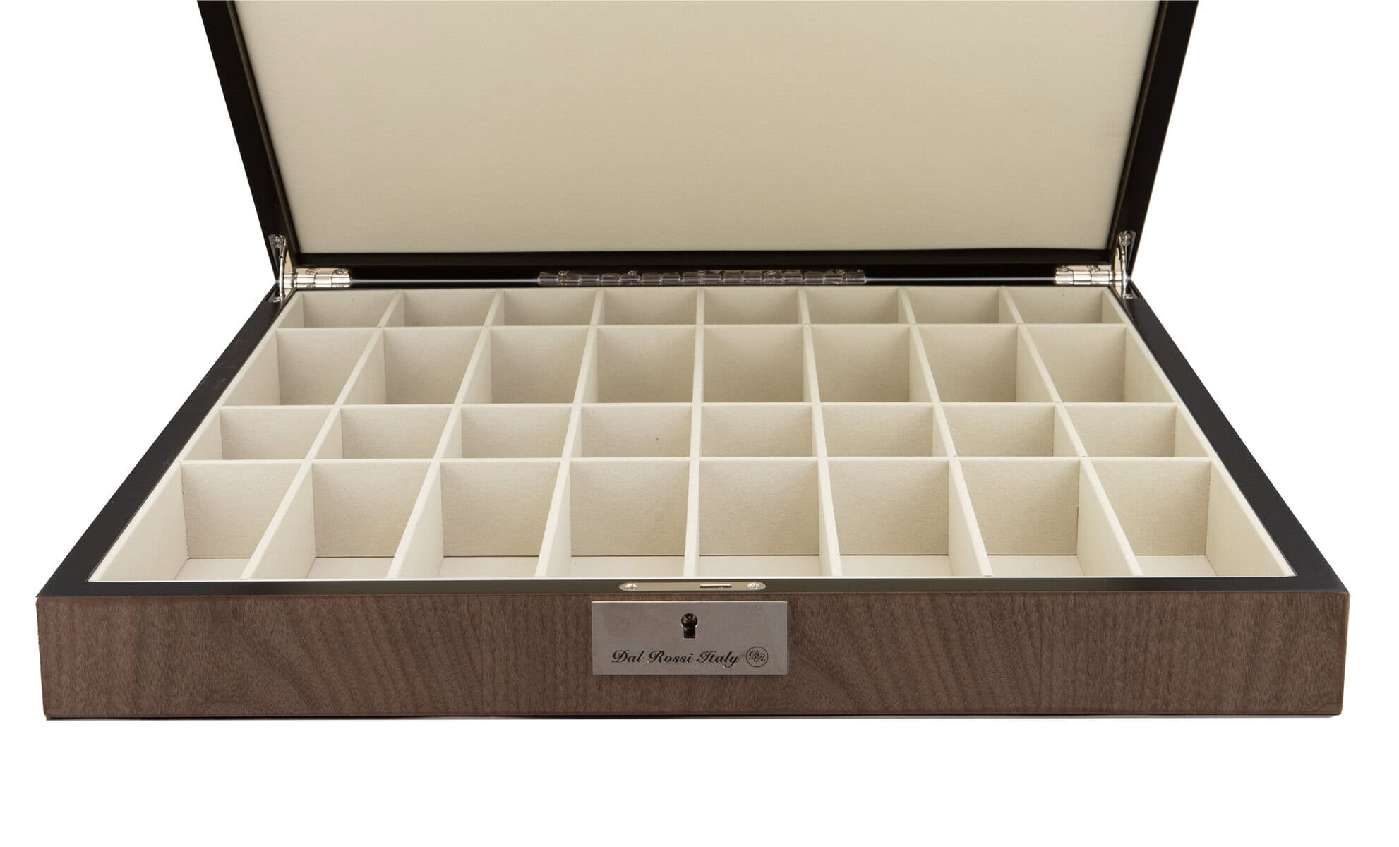 Dal Rossi Italy, Metal Staunton Brass Titanium Cap Chessmen on a Walnut Inlaid Chess Box with Compartments 20"