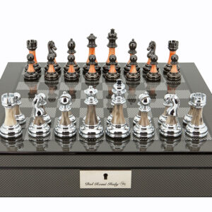 Dal Rossi Italy Carbon Fibre Shiny Finish Chess Box 16” with Metal Marble Chess Pieces