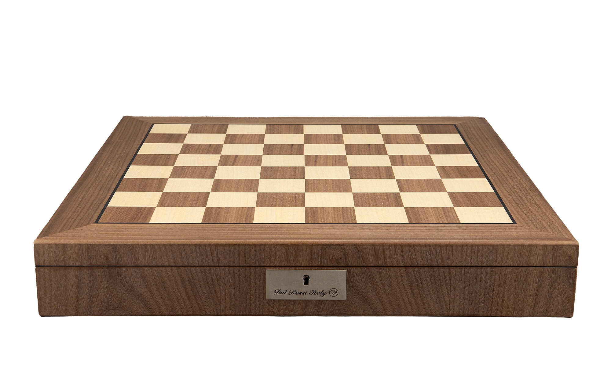 Dal Rossi Italy, Staunton Metal/Marble Finish Chessmen on a Walnut Inlaid Chess Box with Compartments 20"