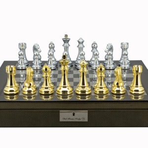 Dal Rossi Italy Gold / Silver Chess Pieces on Carbon Fibre Shiny Finish Chess Box 20” with compartments