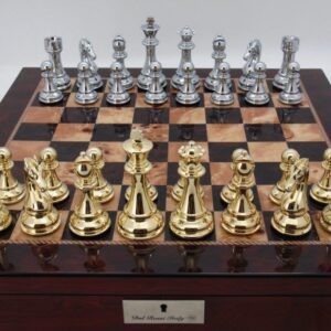 Dal Rossi Italy Chess Box  Mahogany Finish 20" with compartments Gold and Silver 101mm pieces