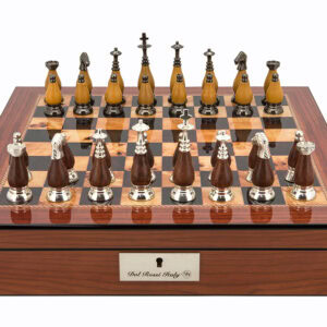 Dal Rossi Staunton Metal Wood Chess set Walnut Finish Chess Box 16” with compartments
