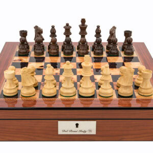 Dal Rossi Italy Staunton Wooden 85mm Chess Pieces on Walnut Shiny Finish Chess Box 16” with compartments