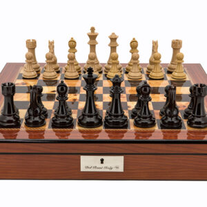 Dal Rossi Black Ebony and Box Wood Finish Chess Set on Walnut Finish Chess Box 20” with compartments