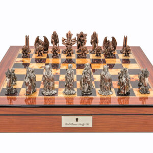 Dal Rossi Italy Evil Ring Metal Chess Set on Walnut Shiny Finish Chess Box 20" with compartments