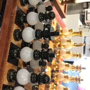 Dal Rossi Italy White Stone and Gold Chessmen 100mm Chess Set on Walnut Shiny Finish Chess Box 20” with compartments