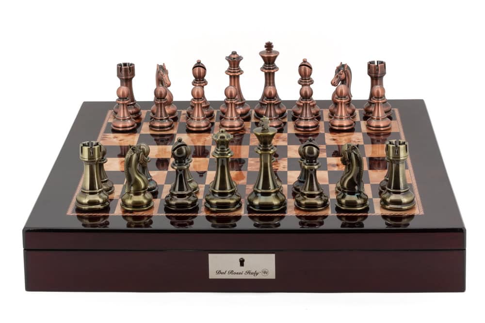 Dal Rossi Italy Chess Box  Mahogany Finish 20" with compartments Bronze & Copper 101mm pieces