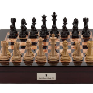 Dal Rossi Italy Chess Box Mahogany Finish 20" with compartments with Black Ebony and Wood Grain Finish 101mm Chess pieces