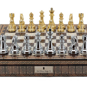 Dal Rossi Italy Chess Box Mosaic Finish 20" with compartments with Gold and Silver Finish 101mm Chess pieces