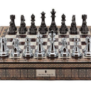 Dal Rossi Italy Chess Box Mosaic  Finish 20" with compartments with Silver & Titanium Finish 101mm Chess pieces
