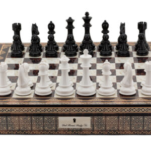 Dal Rossi Italy Chess Box Mosaic Finish 20" with compartments with Black & White Finish 101mm Chess pieces