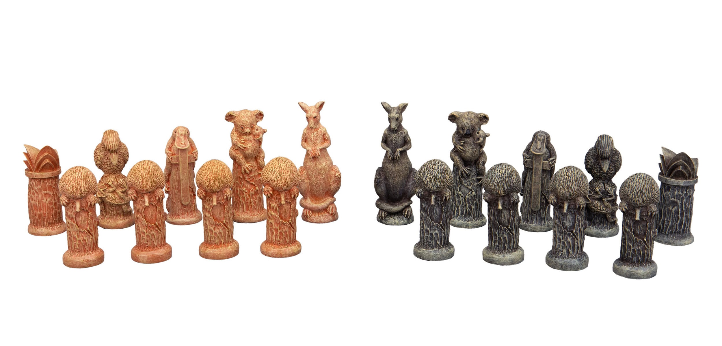 Dal Rossi Hand Paint - Australiana Chessmen on a Walnut Inlaid Chess Box with Drawers 16"