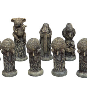 Dal Rossi Hand Paint - Australiana Chessmen on a Walnut Shinny Finish, 40cm Chess Board