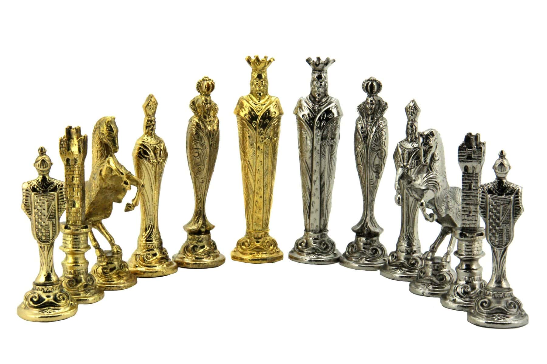 Dal Rossi Italy, “Renaissance” Chessmen on a Walnut Inlaid Chess Box with Compartments 20"