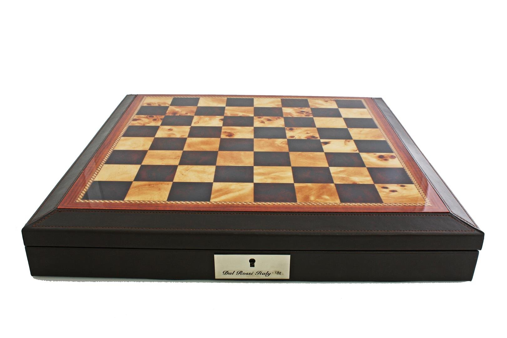 Dal Rossi 18" Chess Set Walnut Finish Chess Set with PU Leather Edge with compartments and Boxwood and Sheesham  85mm Chess Pieces
