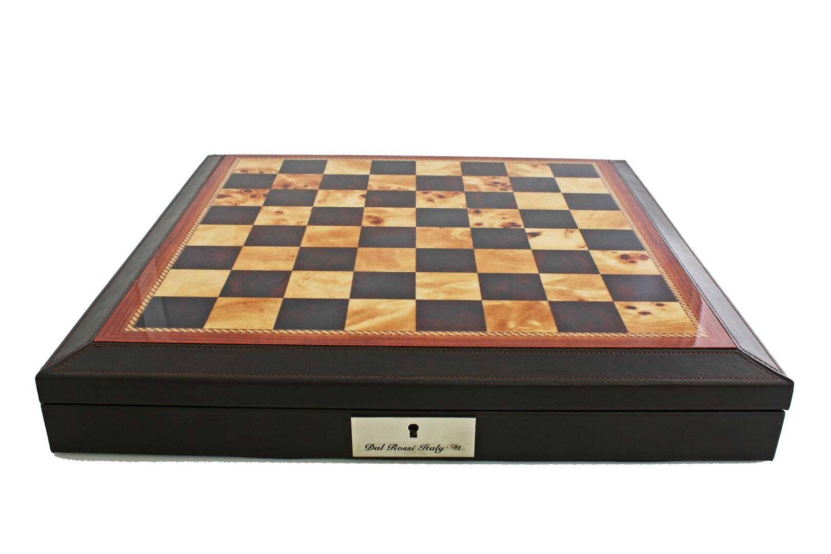 Dal Rossi 16" Chess Set Walnut Finish Chess Set with PU Leather Edge with compartments and Metal / Marble Finish Chess Pieces