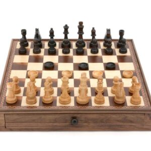 Dal Rossi Chess / checkers, walnut box, with drawers and chess piece compartments, 15
