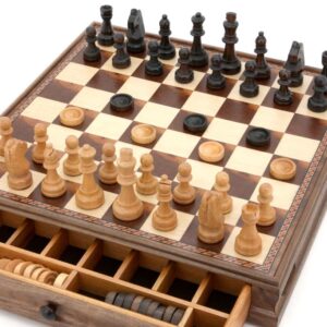 Dal Rossi Chess / checkers, walnut box, with drawers and chess piece compartments, 15