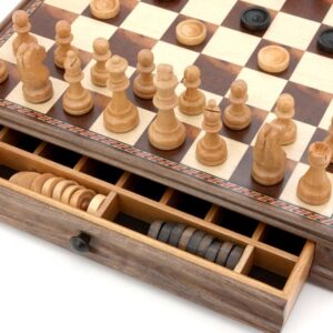 Dal Rossi Chess / checkers, walnut box, with drawers and chess piece compartments, 15