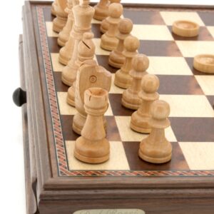 Dal Rossi Chess / checkers, walnut box, with drawers and chess piece compartments, 15