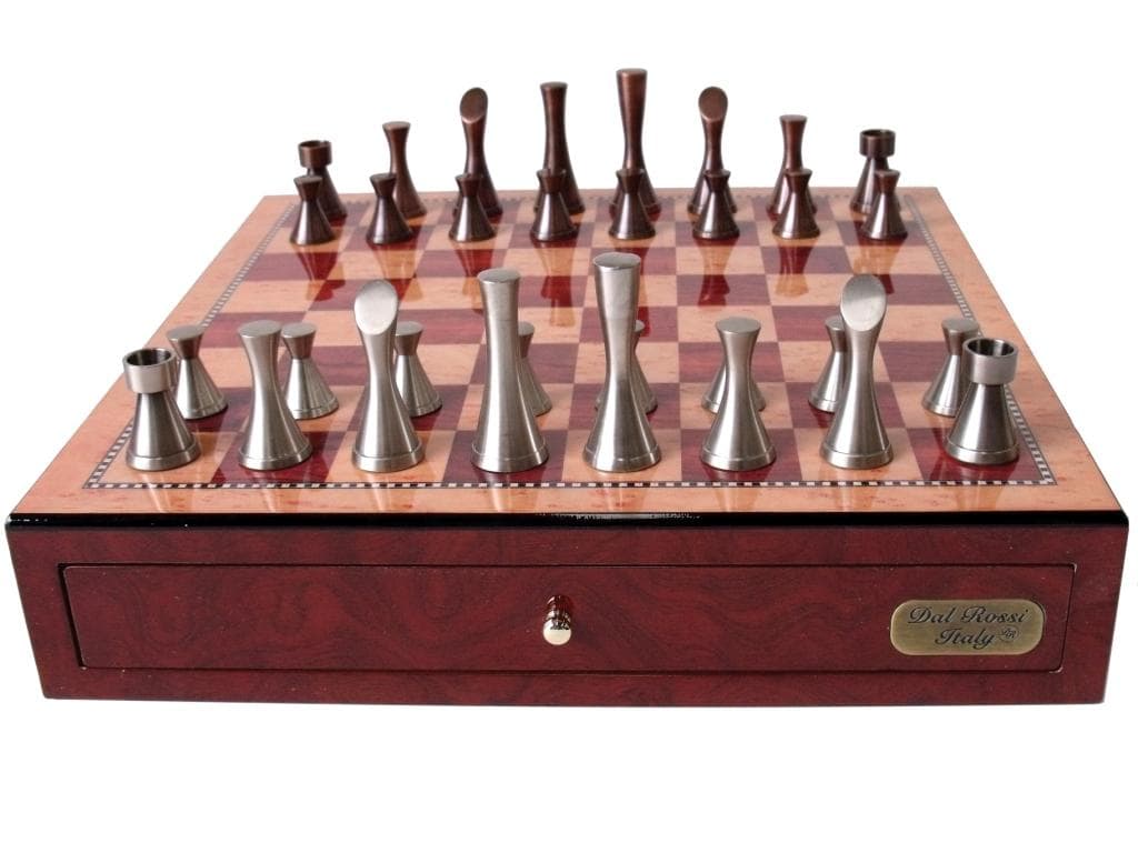 Dal Rossi Italy, Contemporary Metal Chessmen on a Walnut Inlaid Chess Box with Compartments 20"