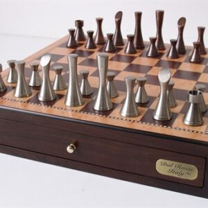 Dal Rossi Italy, Contemporary Chess with drawers 18" (Walnut Finish) with Contemporary Pewter Chess Pieces