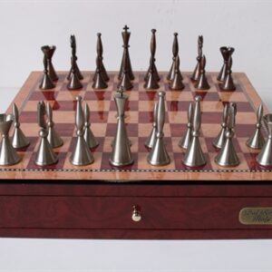 Dal Rossi Italy, Staunton Metal Chess Set with Drawers 18" (Red Mahogany Finish)