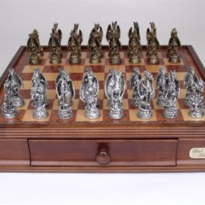 Dal Rossi Italy, Mystical Dragon Chess Set, Pewter, 95mm on Dal Rossi 40cm Chess Box